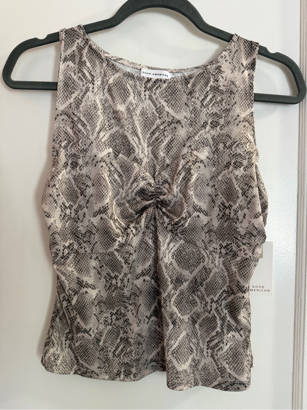NWT Good American Taupe & Black Snake-Print Twist-Front Top. Size medium.